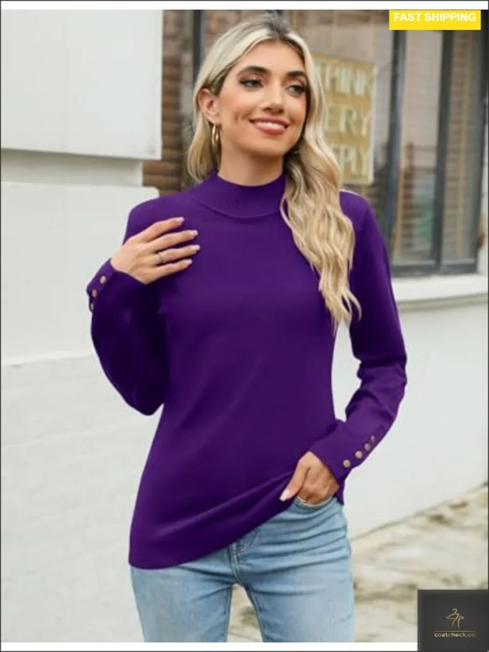 Mock Neck Long Sleeve Knit Sweater Pullover Lightweight Button Cuffs Fall